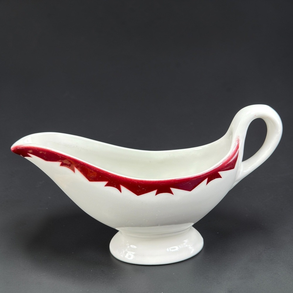 Vintage Sexton Vitrified China Gravy Boat‎ White Red Sawtooth Border Made in USA